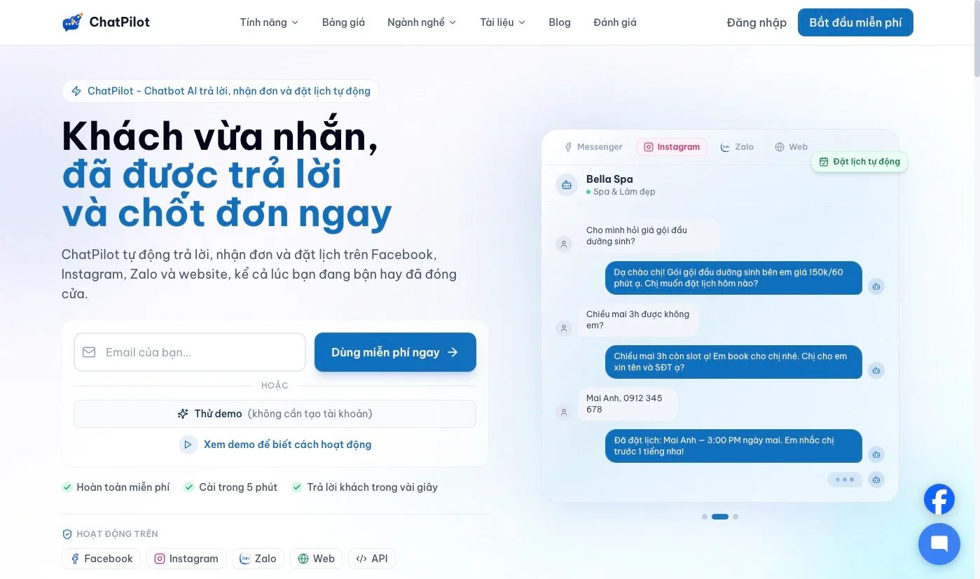 Giao diện trang chủ ChatPilot — chatbot AI trả lời và chốt đơn tự động