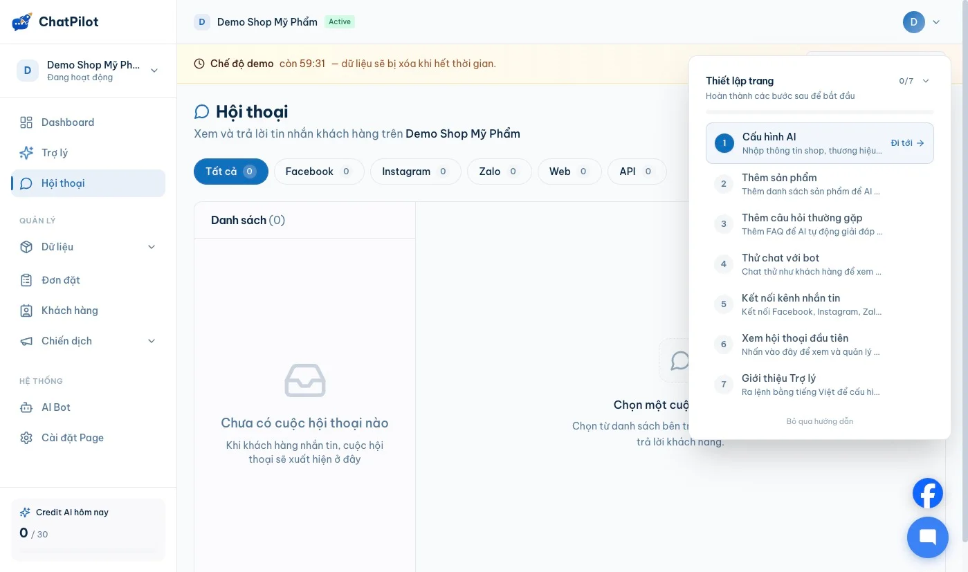 Dashboard hội thoại ChatPilot — gom tin nhắn đa kênh