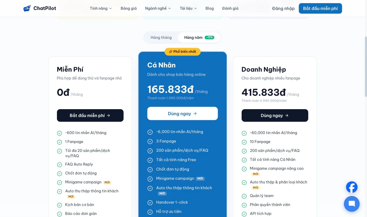 Bảng giá ChatPilot — gói Miễn Phí, Cá Nhân và Doanh Nghiệp