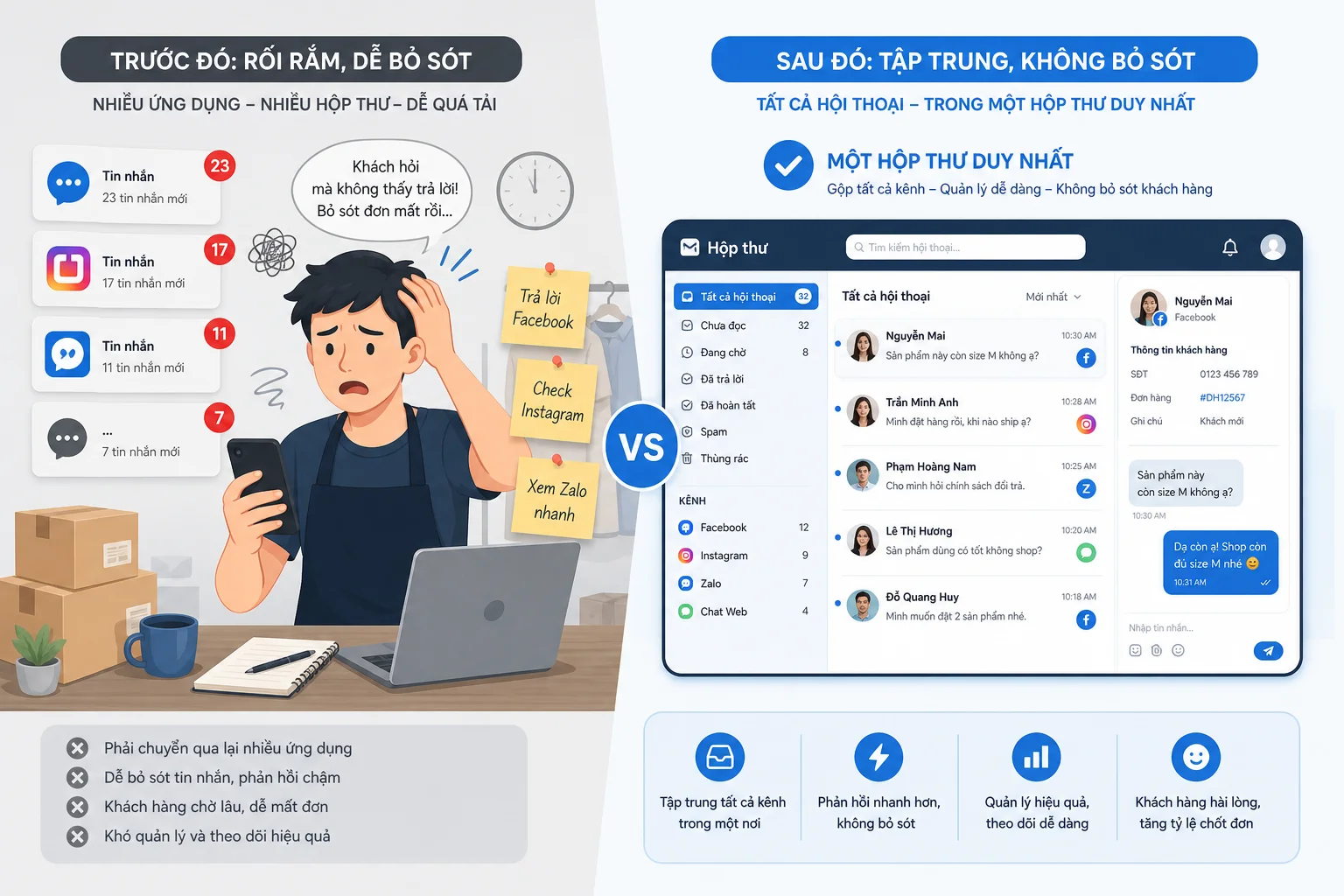 Hợp nhất tin nhắn Facebook Instagram Zalo về một màn hình quản lý chung