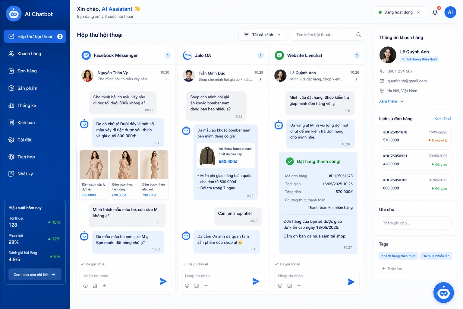 Chatbot AI trả lời khách hàng đồng thời trên nhiều kênh tin nhắn