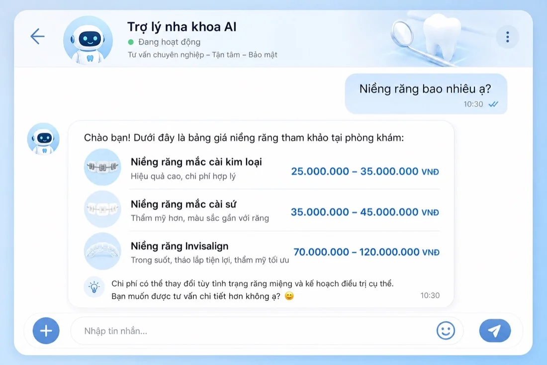 AI chatbot tư vấn giá niềng răng và dịch vụ nha khoa qua tin nhắn