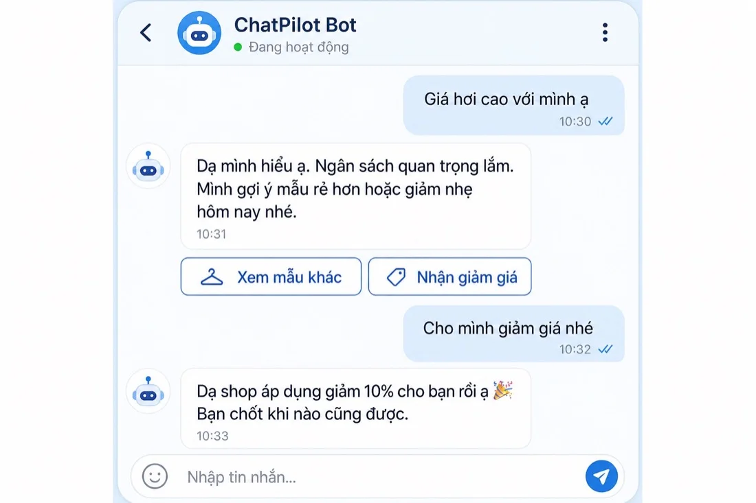 Chatbot xử lý khách do dự về giá và mời chốt bằng ưu đãi phù hợp