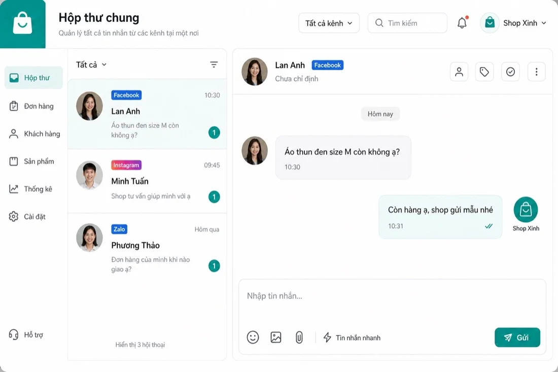 Inbox đa kênh thống nhất với nhãn Facebook Instagram Zalo trên một màn hình