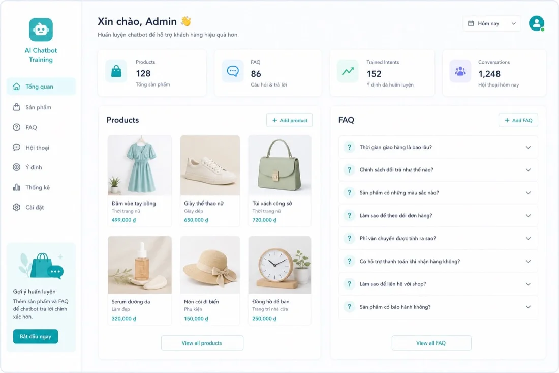 Nhập danh sách sản phẩm và FAQ để AI chatbot tư vấn đúng giá