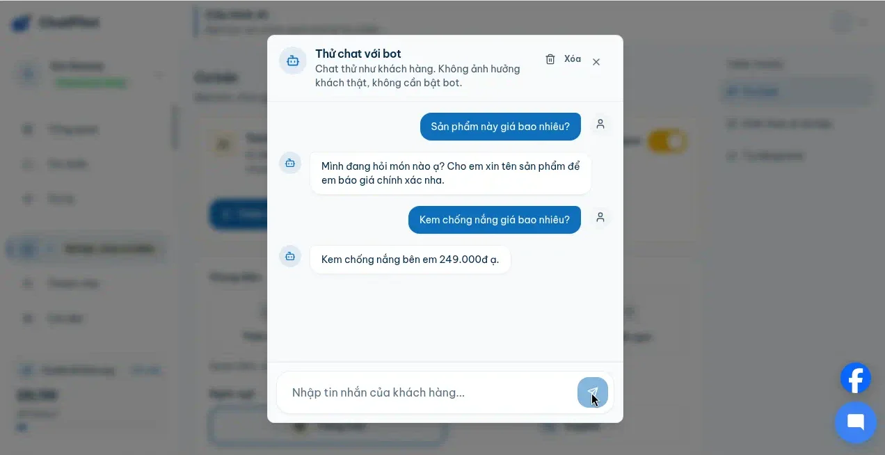 Test chat hỏi giá