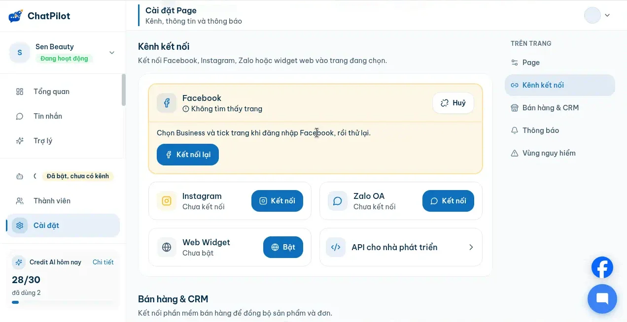 Nối kênh Facebook