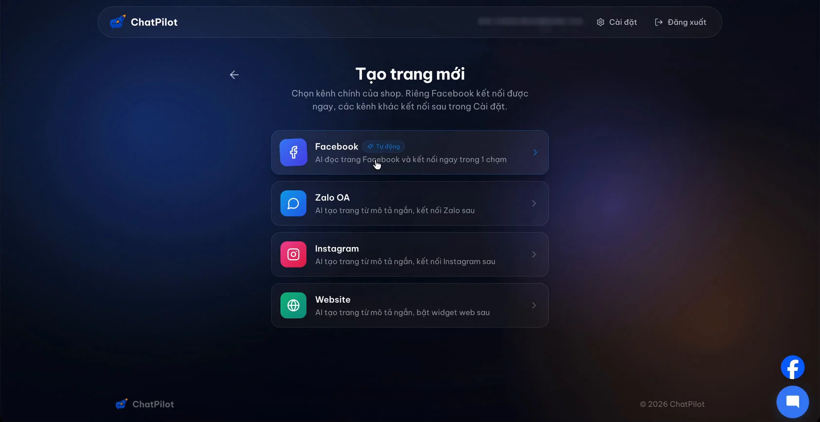 Màn Tạo trang mới của ChatPilot, chọn Facebook để kết nối Fanpage