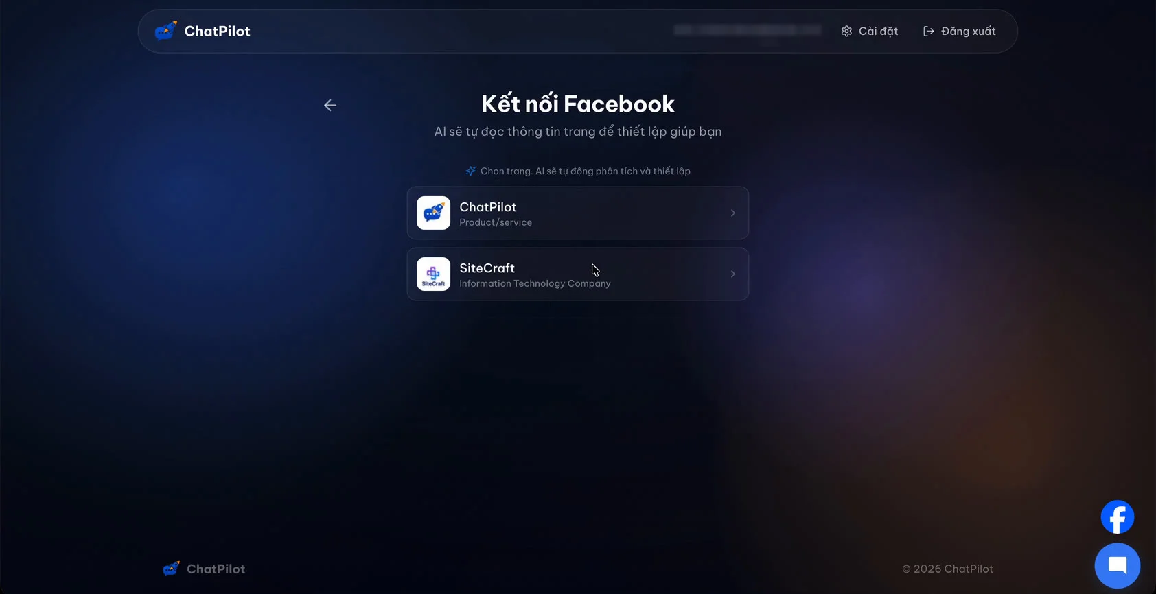 Danh sách Fanpage hiện ra sau khi đăng nhập Facebook, chọn trang của shop