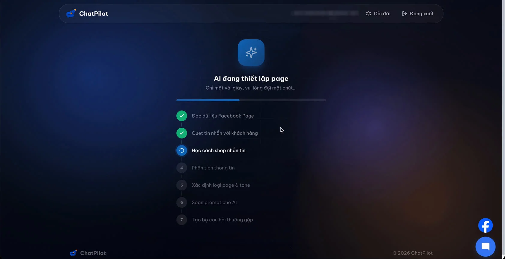 ChatPilot AI đang thiết lập page, đọc thông tin Fanpage và soạn hướng dẫn cho chatbot fanpage AI