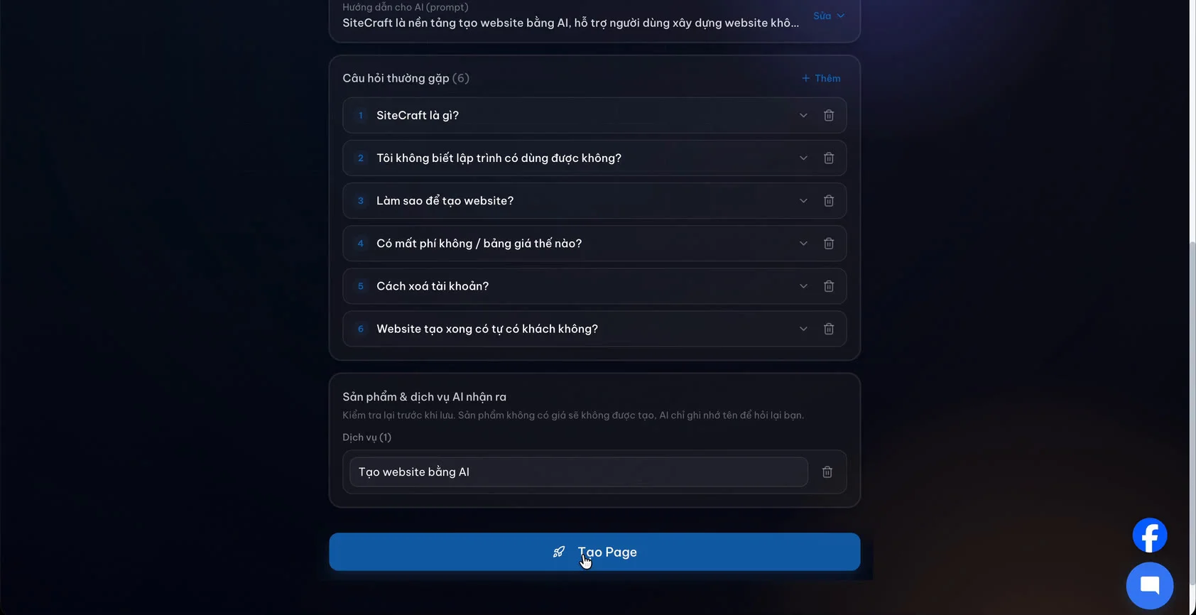 Màn xem lại câu hỏi thường gặp và sản phẩm do AI tạo trước khi bật chatbot ChatPilot