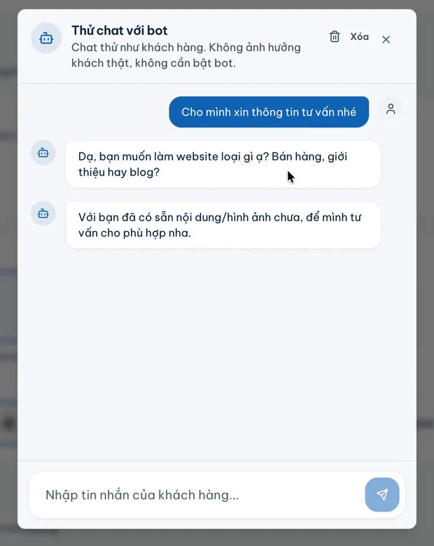 Khung Thử chat với bot của ChatPilot, bot trả lời và hỏi lại nhu cầu của khách
