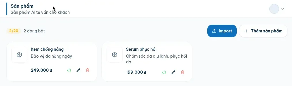 Danh sách sản phẩm và giá trong ChatPilot, nơi shop sửa giá sale để bot báo đúng